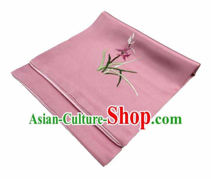 Chinese Traditional Handmade Embroidery Orchid Pink Silk Handkerchief Embroidered Hanky Suzhou Embroidery Noserag Craft