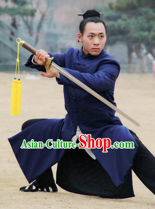 Chinese Traditional Martial Arts Winter Blue Cotton Wadded Robe Priest Frock Kung Fu Taoist Priest Tai Chi Costume for Men