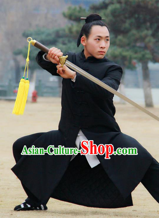 Chinese Traditional Martial Arts Winter Black Cotton Wadded Robe Priest Frock Kung Fu Taoist Priest Tai Chi Costume for Men