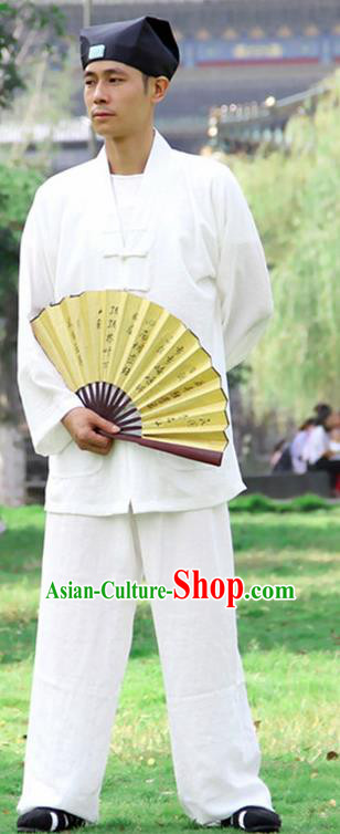 Traditional Chinese Martial Arts Wudang Taoist Priest White Outfits Kung Fu Tai Chi Costume for Men