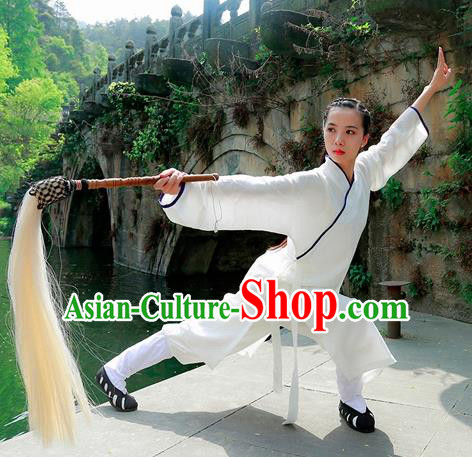 Chinese Traditional Wudang Taoist Nun White Martial Arts Outfits Kung Fu Tai Chi Costume for Women