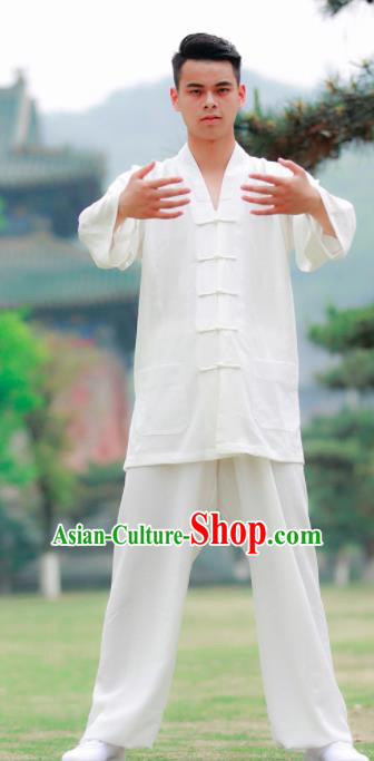 Traditional Chinese Wudang Taoist Priest Kung Fu Tai Chi White Outfits Martial Arts Competition Costume for Men