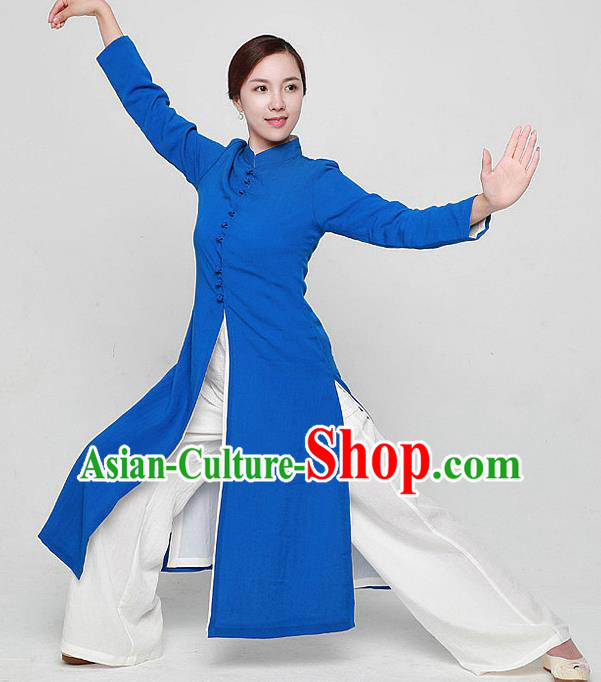 Chinese Traditional Martial Arts Blue Dust Coat Kung Fu Tai Chi Costume for Women