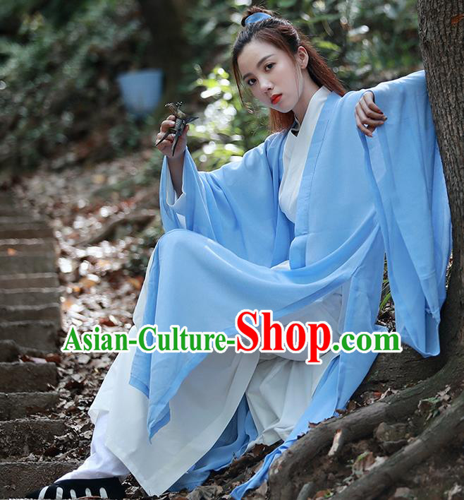 Chinese Traditional Wudang Taoist Nun Light Blue Cloak Martial Arts Outfits Kung Fu Tai Chi Costume for Women