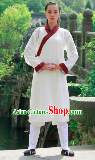 Chinese Traditional Wudang Taoist White Flax Robe Martial Arts Outfits Kung Fu Tai Chi Costume for Women