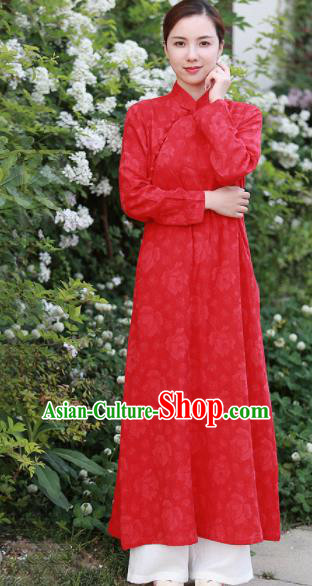 Chinese Traditional Martial Arts Red Qipao Dress Tang Suit Kung Fu Tai Chi Costume for Women