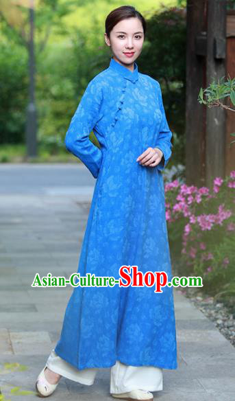 Chinese Traditional Martial Arts Blue Qipao Dress Tang Suit Kung Fu Tai Chi Costume for Women