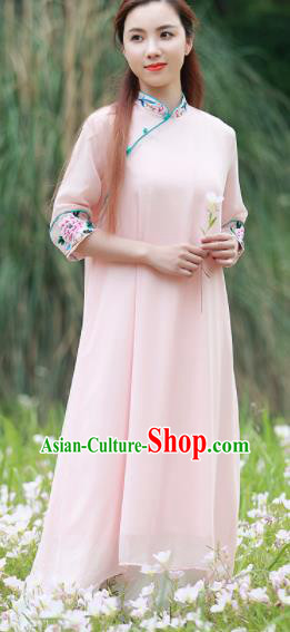 Chinese Traditional Tang Suit Pink Silk Qipao Dress Classical Embroidered Cheongsam Costume for Women