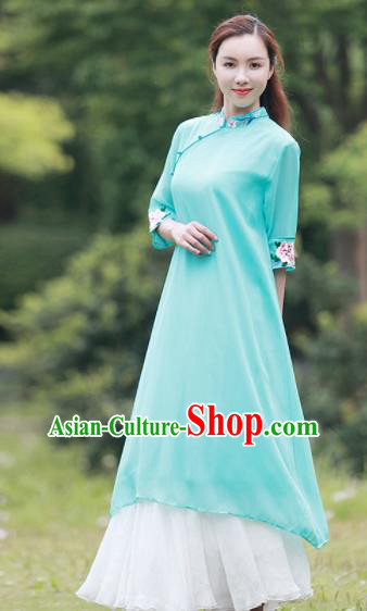 Chinese Traditional Tang Suit Green Silk Qipao Dress Classical Embroidered Cheongsam Costume for Women