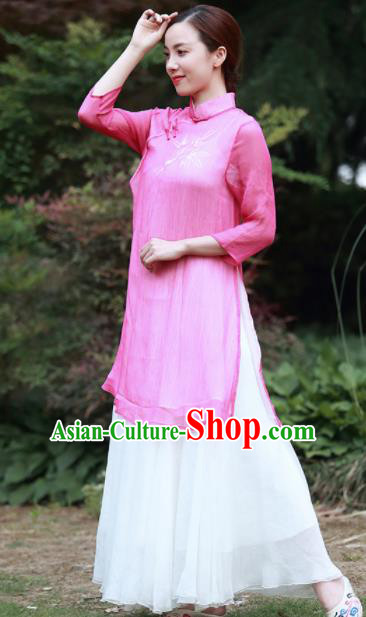 Chinese Traditional Tang Suit Painting Bamboo Rosy Qipao Dress Classical Cheongsam Costume for Women