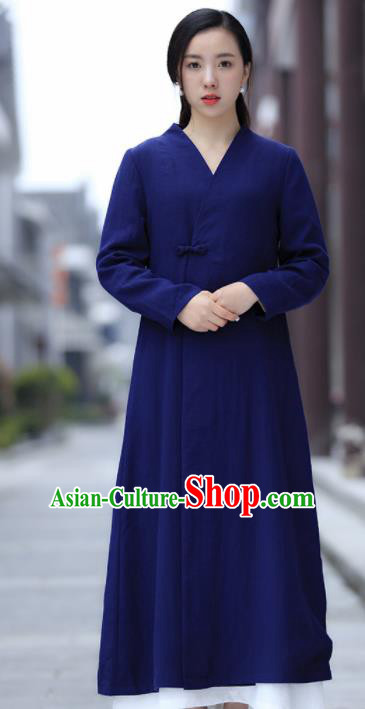 Chinese Traditional Tang Suit Royalblue Flax Dust Coat Classical Overcoat Costume for Women