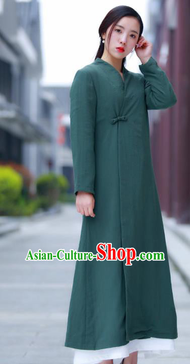 Chinese Traditional Tang Suit Green Flax Dust Coat Classical Overcoat Costume for Women