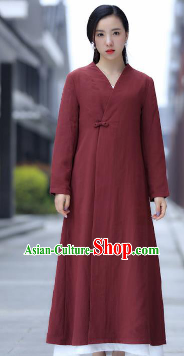 Chinese Traditional Tang Suit Rust Red Flax Dust Coat Classical Overcoat Costume for Women