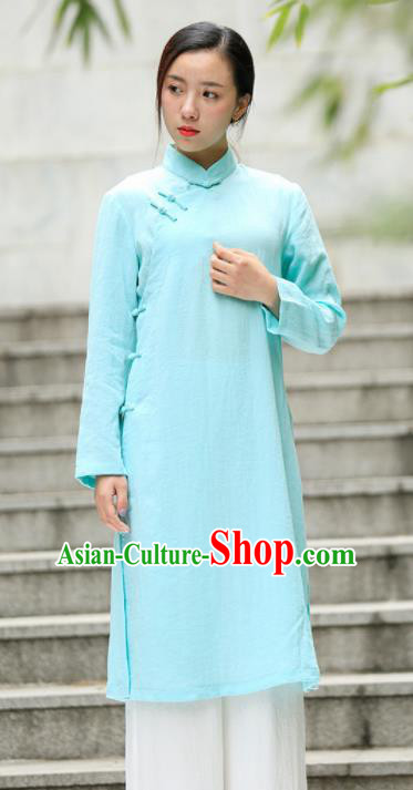 Chinese Traditional Tang Suit Light Blue Flax Qipao Blouse Classical Overcoat Costume for Women