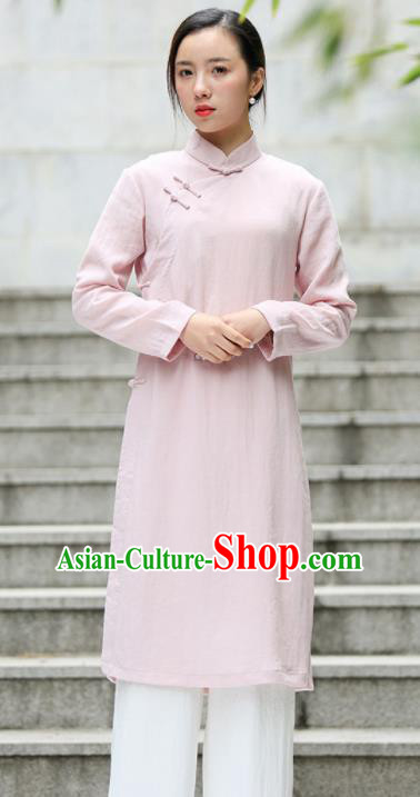 Chinese Traditional Tang Suit Pink Flax Qipao Blouse Classical Overcoat Costume for Women