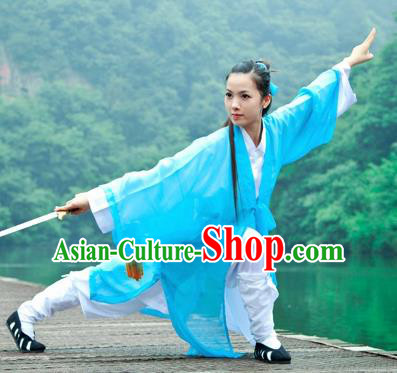 Chinese Traditional Wudang Taoist Nun Martial Arts Blue Outfits Kung Fu Tai Chi Costume for Women