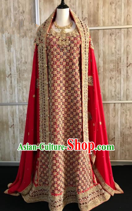 South Asia  Indian Bride Embroidered Red Dress Traditional   India Hui Nationality Wedding Luxury Costumes for Women