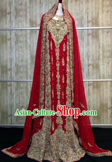 South Asia  Indian Bride Embroidered Wine Red Dress Traditional   India Hui Nationality Wedding Luxury Costumes for Women