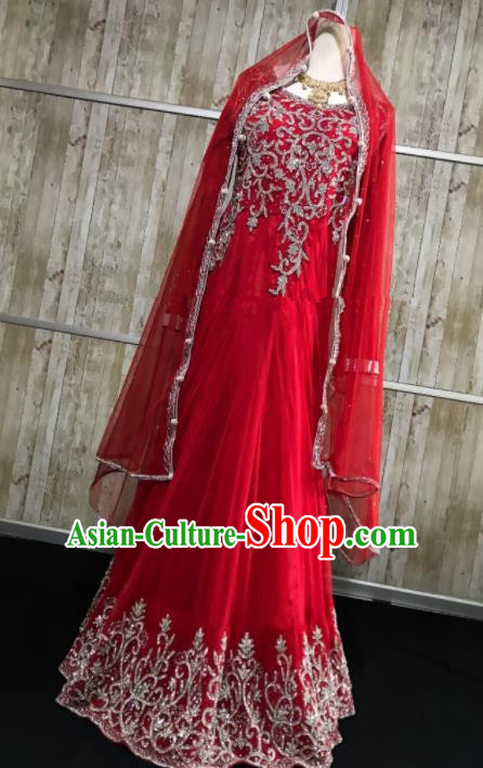 South Asia  Indian Bride Red Veil Dress Traditional   India Hui Nationality Wedding Luxury Costumes for Women