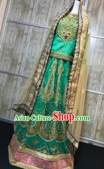 South Asia  Indian Court Queen Green Embroidered Dress Traditional   India Hui Nationality Bride Wedding Costumes for Women