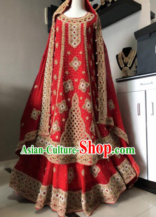 Asian  Indian Court Bride Embroidered Red Wedding Dress Traditional   India Hui Nationality Costumes for Women