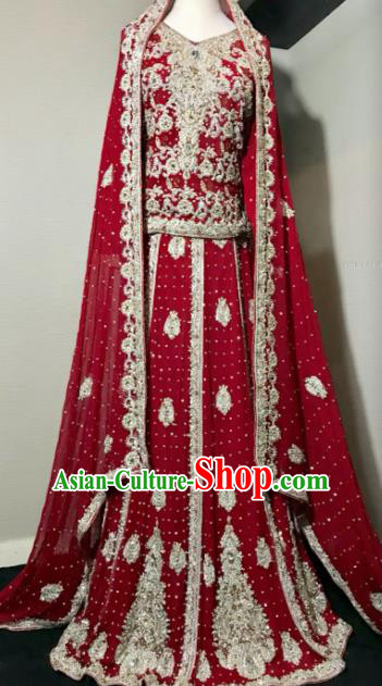 South Asia  Indian Court Queen Red Embroidered Dress Traditional   India Hui Nationality Bride Wedding Costumes for Women