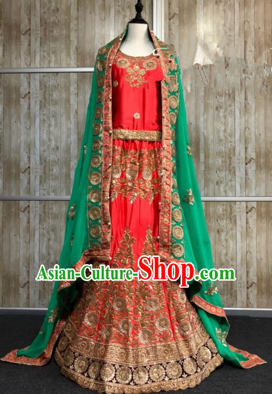 South Asia  Indian Court Queen Wedding Orange Embroidered Dress Traditional   India Hui Nationality Bride Costumes for Women
