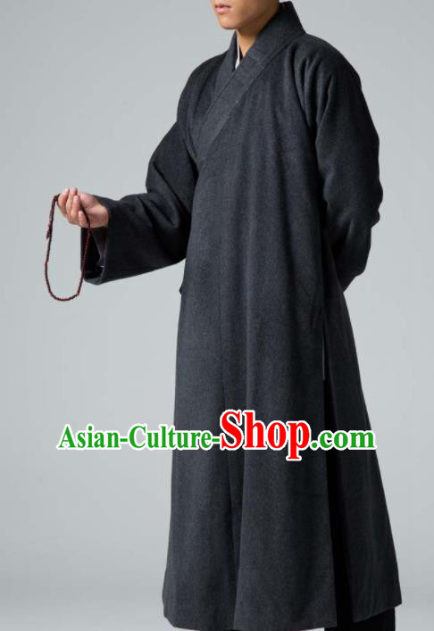 Traditional Chinese Monk Costume Buddhists Deep Grey Woolen Long Robe for Men