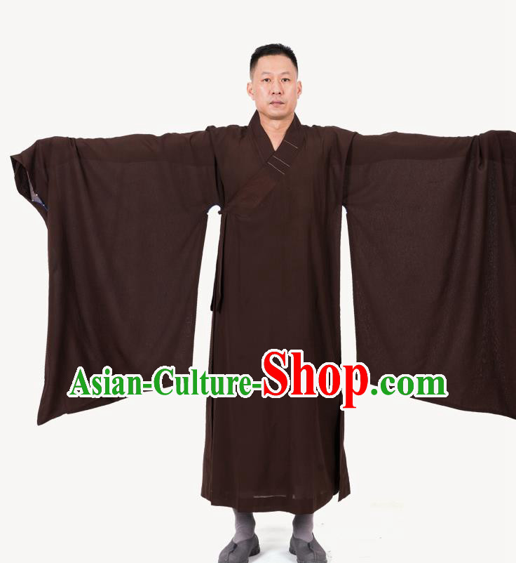 Traditional Chinese Monk Costume Buddhists Brown Yarn Long Robe for Men