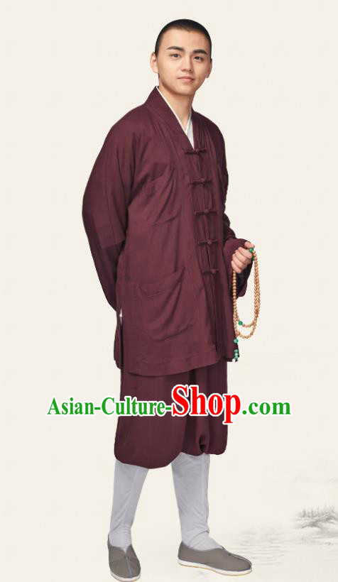 Traditional Chinese Monk Costume Meditation Purple Outfits Shirt and Pants for Men