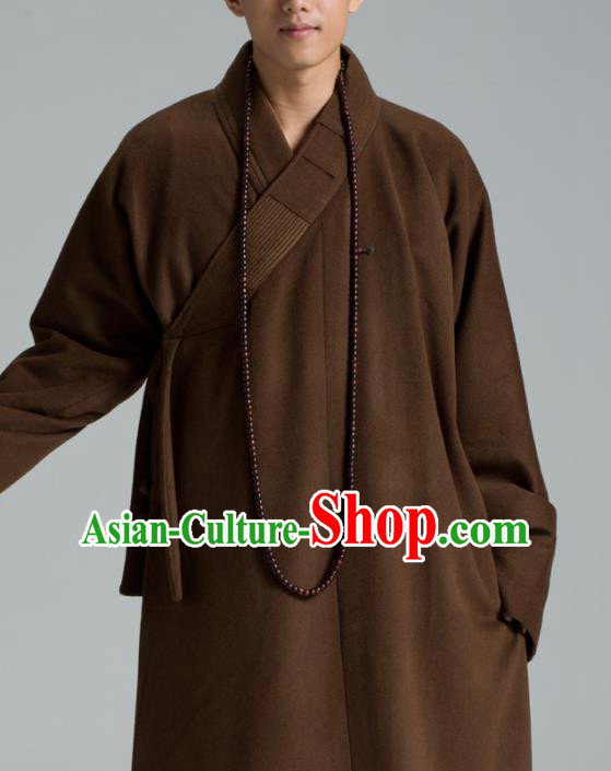 Traditional Chinese Monk Costume Buddhists Abbot Brown Woolen Gown for Men
