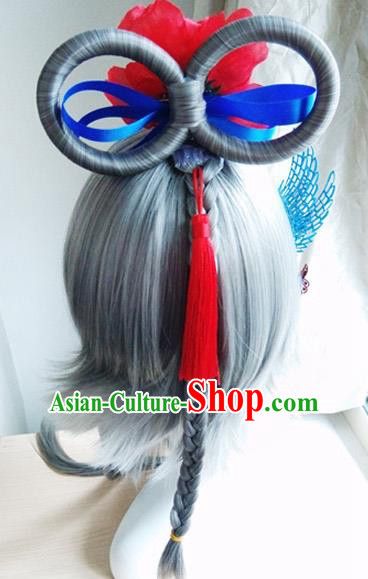 Traditional Chinese Cosplay Swordsman Grey Wigs and Headwear for Women