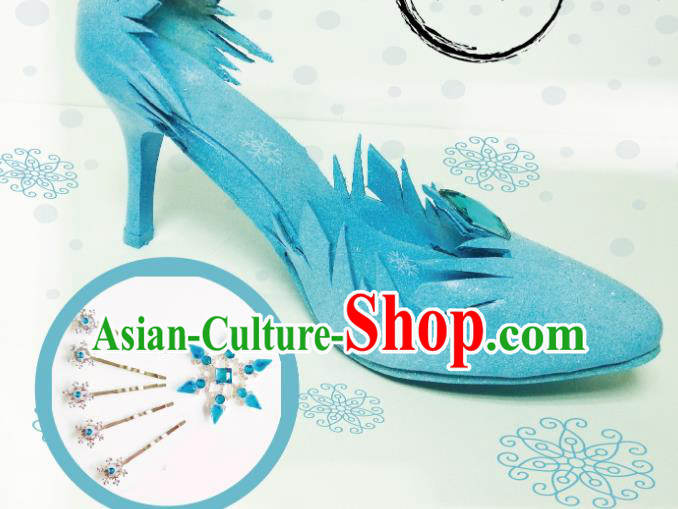 Top Grade Blue Shoes Cosplay Snow Queen Blue High Heels Shoes for Women