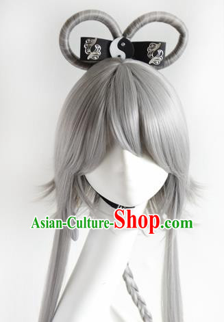 Top Grade Cosplay Fairy Swordsman Grey Wigs Hair Accessories for Women