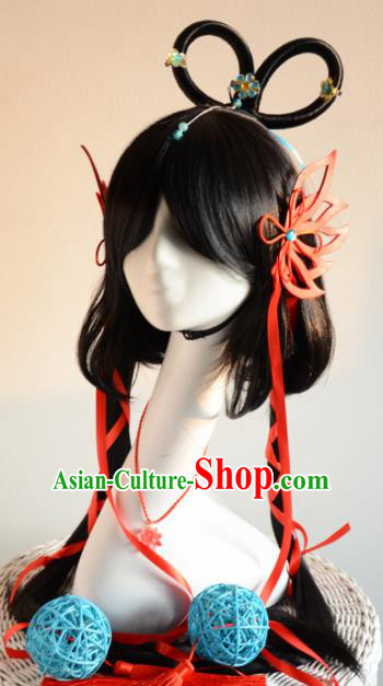 Top Grade Cosplay Fairy Swordsman Black Wigs and Hair Accessories for Women