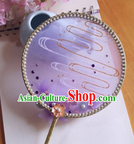 Traditional Chinese Classical Purple Silk Palace Fans Hanfu Bride Flowers Round Fan for Women