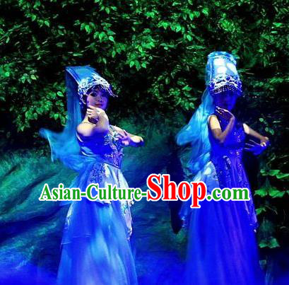 Phoenix Flying Qiang Dance Traditional Chinese Qiang Ethnic Minority Dance Blue Dress and Headwear for Women