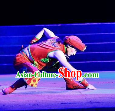 Phoenix Flying Qiang Dance Traditional Chinese Qiang Ethnic Minority Dance Red Costumes and Headwear for Men
