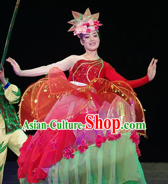 Phoenix Flying Qiang Dance Traditional Chinese Folk Dance Red Dress and Headwear for Women