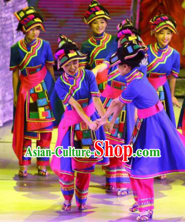 Phoenix Flying Qiang Dance Traditional Chinese Qiang Nationality Dance Blue Dress and Headwear for Women