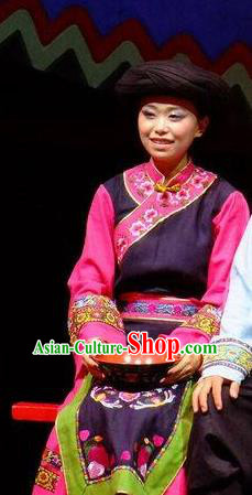 Phoenix Flying Qiang Dance Traditional Chinese Qiang Nationality Dance Purple Dress and Headwear for Women