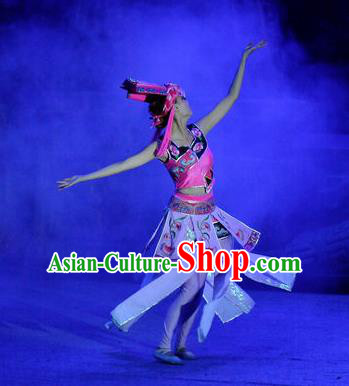 Phoenix Flying Qiang Dance Traditional Chinese Qiang Nationality Dance Dress and Headwear for Women