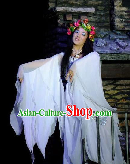 Phoenix Flying Qiang Dance Traditional Chinese Classical Dance White Dress and Headwear for Women