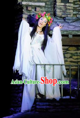 Phoenix Flying Qiang Dance Traditional Chinese Classical Dance White Dress and Headwear for Women