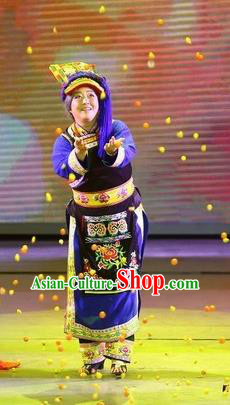 Phoenix Flying Qiang Dance Traditional Chinese Qiang Ethnic Minority Dance Blue Dress and Headwear for Women