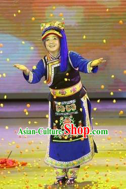 Phoenix Flying Qiang Dance Traditional Chinese Qiang Ethnic Minority Dance Blue Dress and Headwear for Women