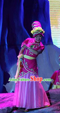 Phoenix Flying Qiang Dance Traditional Chinese Qiang Ethnic Minority Dance Rosy Costume and Headwear for Women