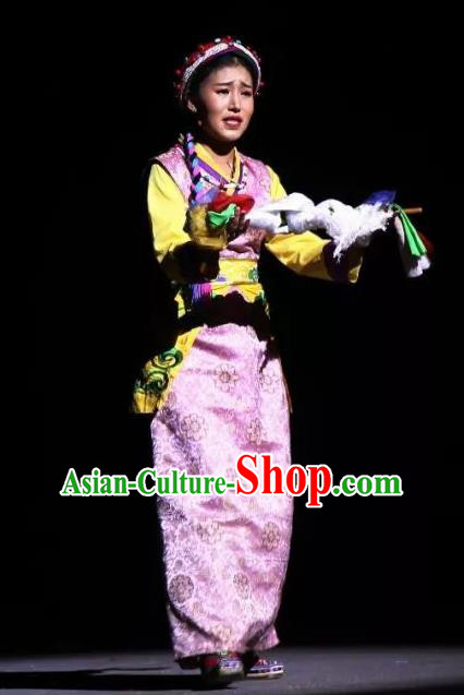 Lang SaWenBo Traditional Chinese Tibetan Nationality Dance Pink Costume and Headwear for Women