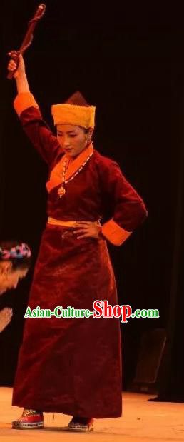 Lang SaWenBo Traditional Chinese Tibetan Nationality Dance Purplish Red Costume and Headwear for Women