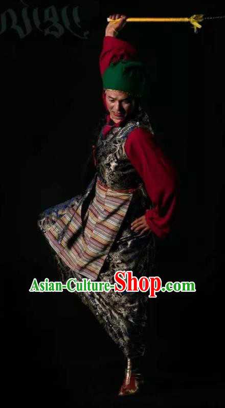 Lang SaWenBo Traditional Chinese Tibetan Nationality Stage Performance Black Costumes and Headwear for Men